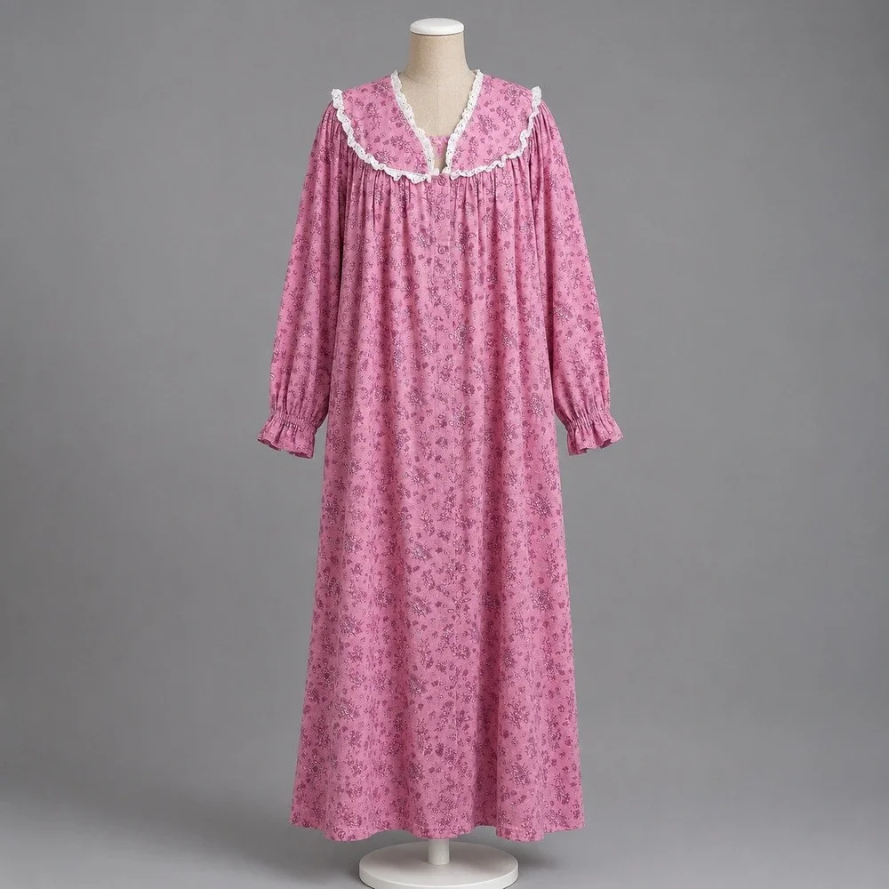 Floral 100% Cotton Long Sleeve Nightgown Size 3X Pink Cottagecore Prairie Lace